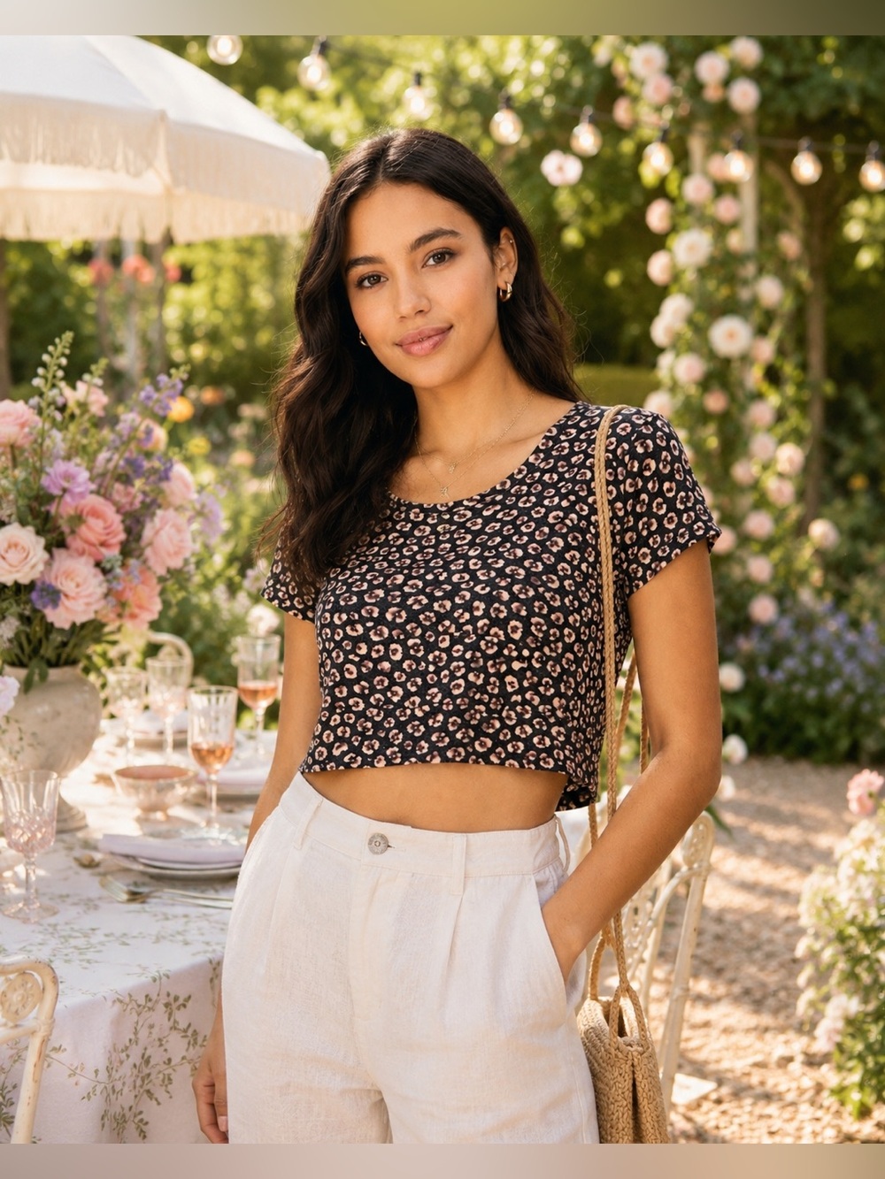 Cotton On Floral Baby Tee Crop Top Y2K 90s Dark Gray Pink Size L
